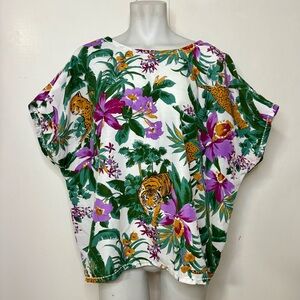 Vintage Handmade Big Cats Tiger Cheetah Tropical Floral Boatneck Top Halftan